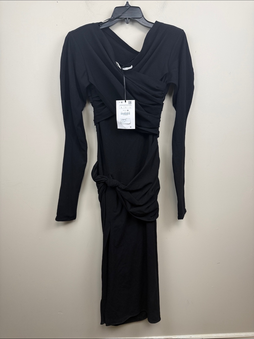 ZARA STUDIO lightweight wool Black Long-Sleeve Ruched Midi Dress large - Picture 4 of 16